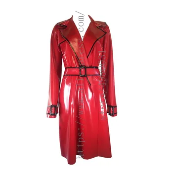 Strălucitor și stil liber roșu lung latex haina femeilor latex hanorac negru cu ornamente decoratiuni
