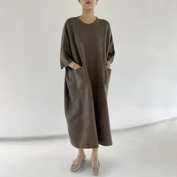 2021 Coreeană De Moda Toamna Iarna Femei Rochie De Culoare Solidă Vrac Casual Simplitate Gât Rotund Maneca Lunga Rochie Tricot Vrac